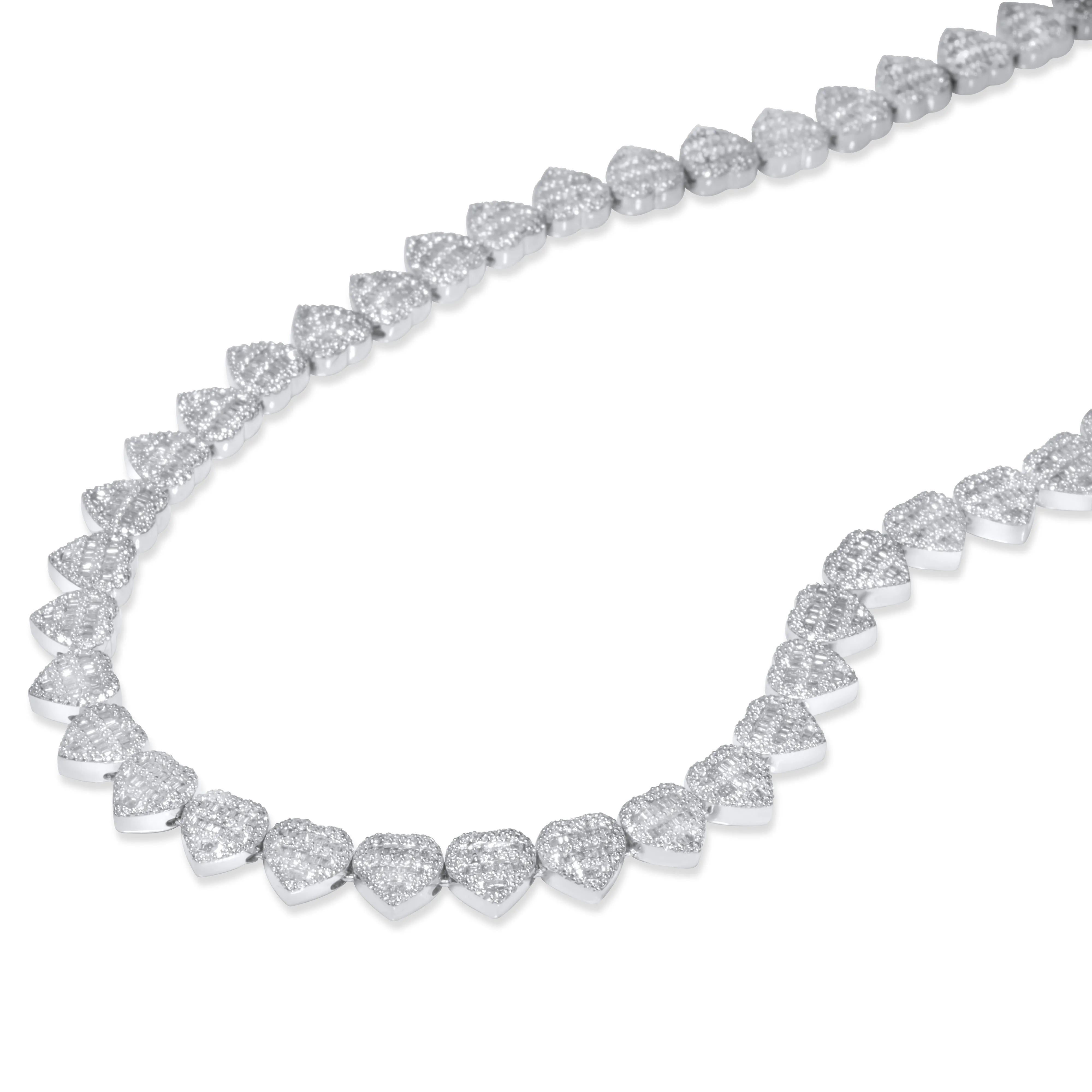 10k White Gold Round and Baguette Diamond Heart Necklace 7.70 ctw