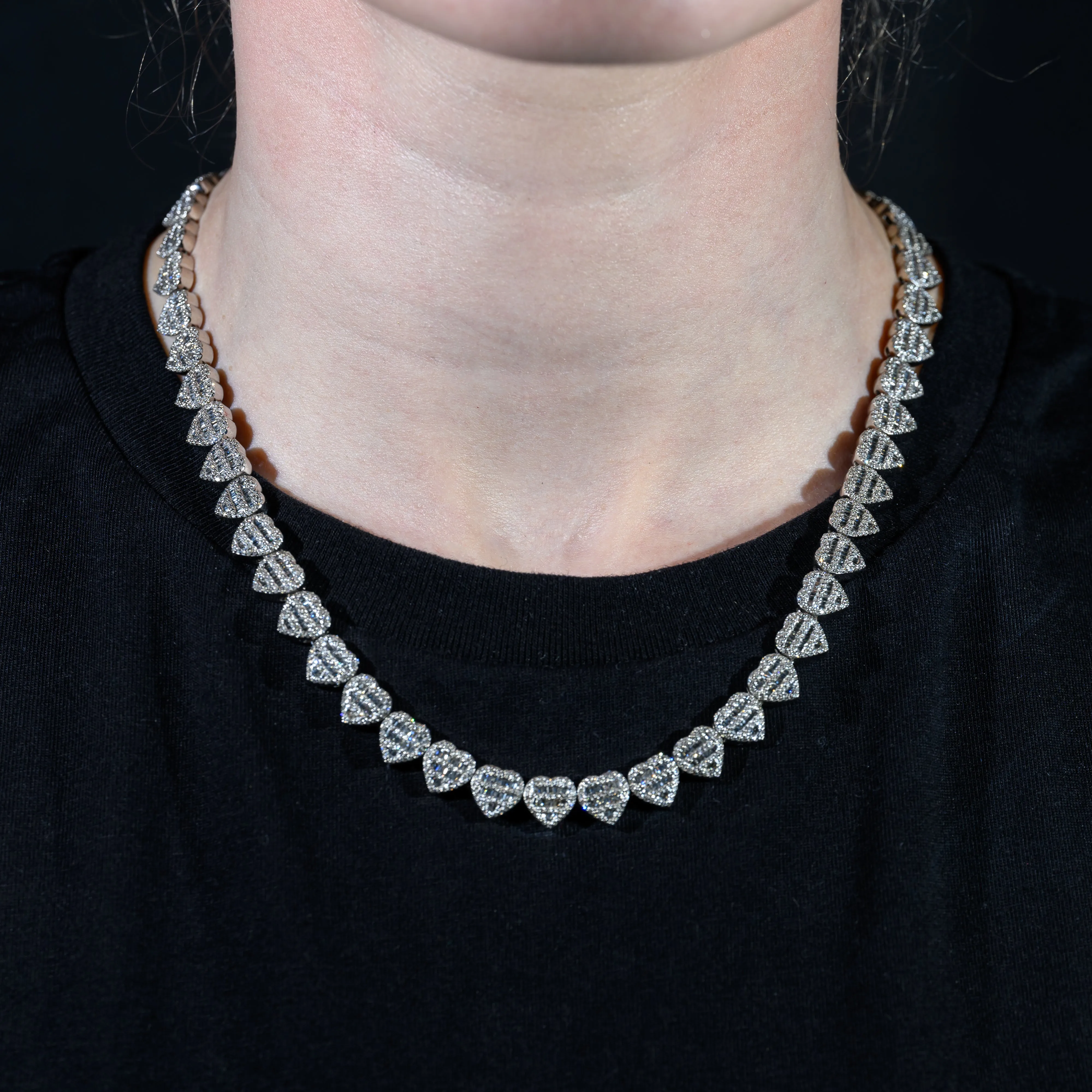 10k White Gold Round and Baguette Diamond Heart Necklace 7.70 ctw