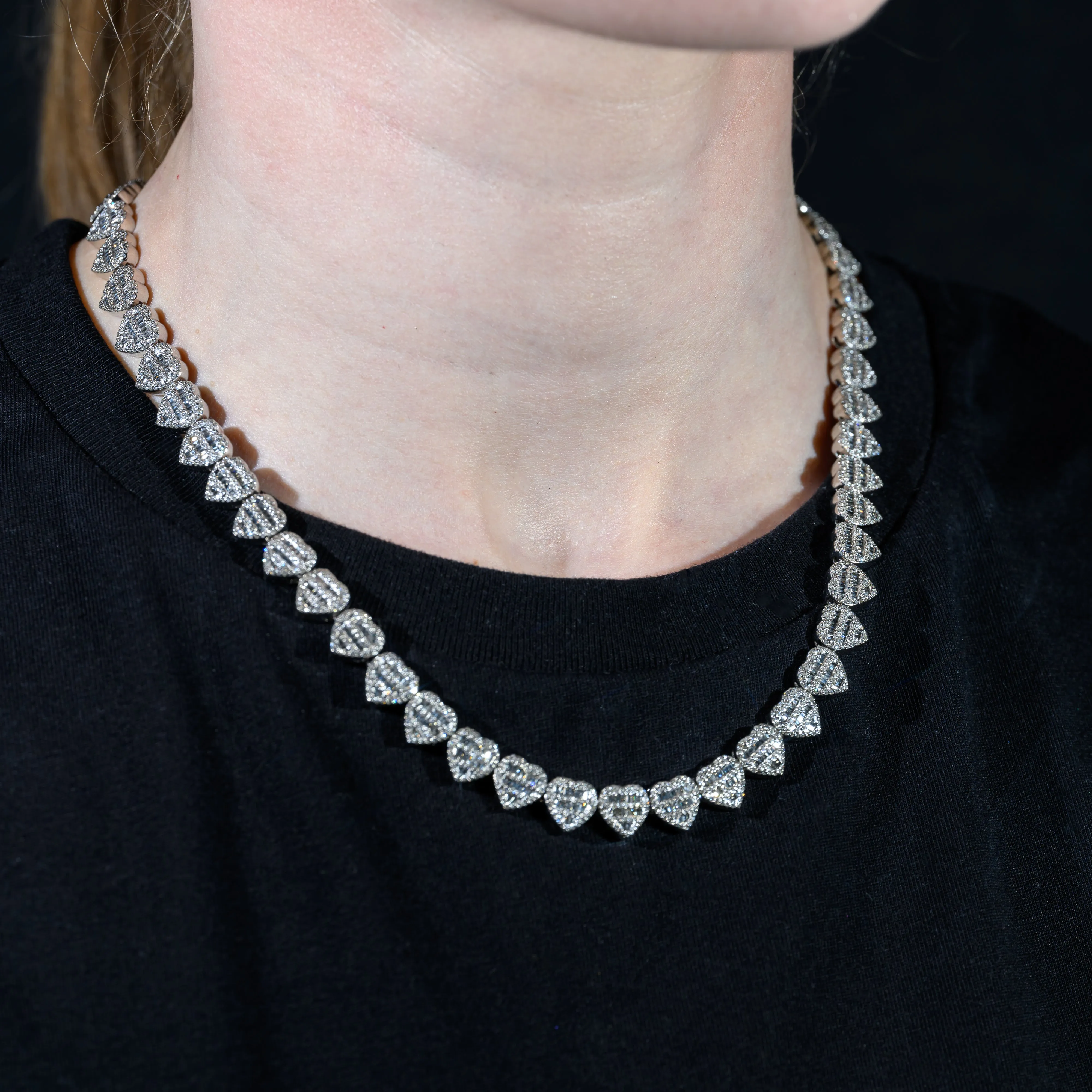 10k White Gold Round and Baguette Diamond Heart Necklace 7.70 ctw