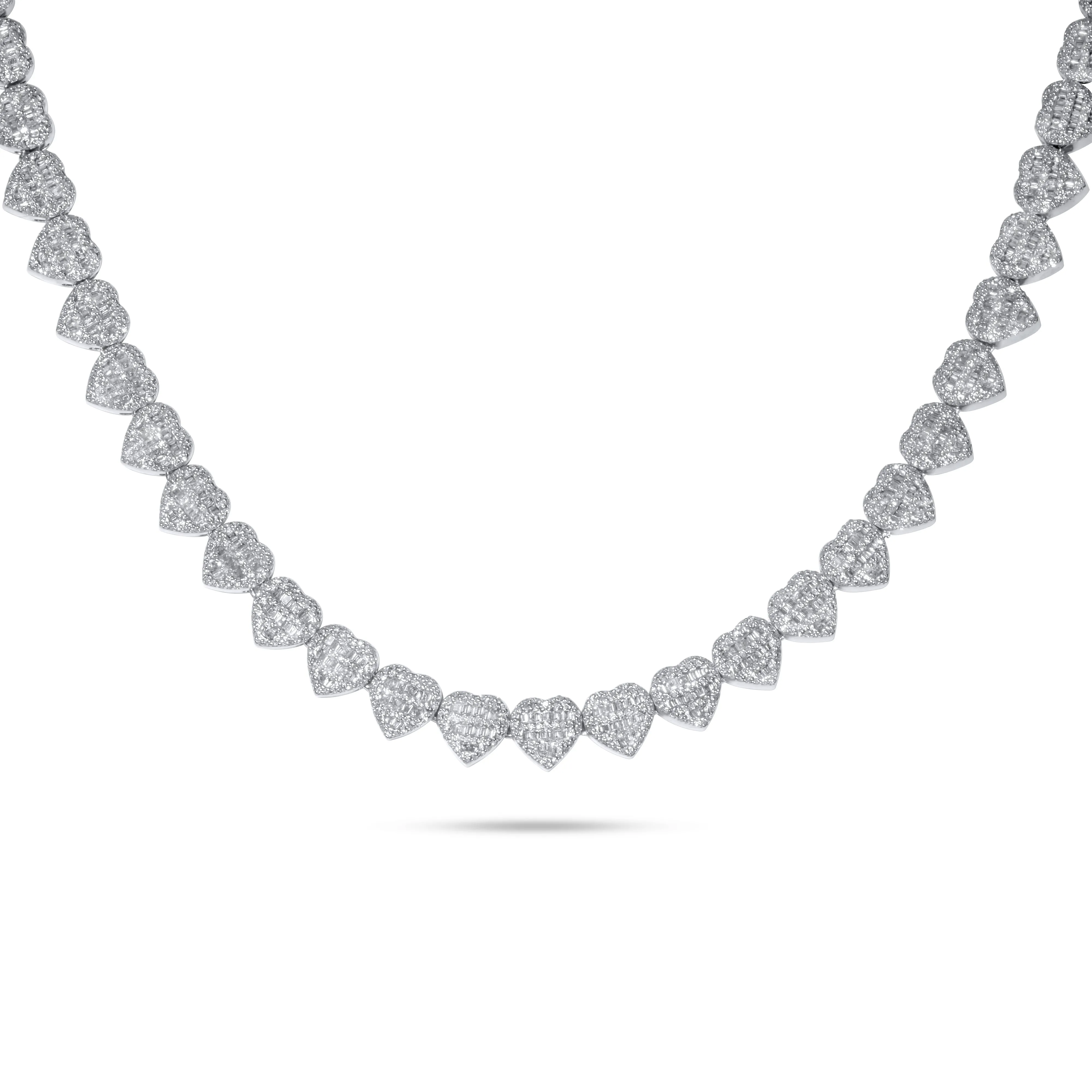 10k White Gold Round and Baguette Diamond Heart Necklace 7.70 ctw