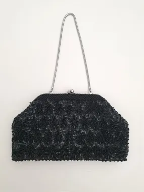 1960s Black Beaded Purse with Silver Tone Chain