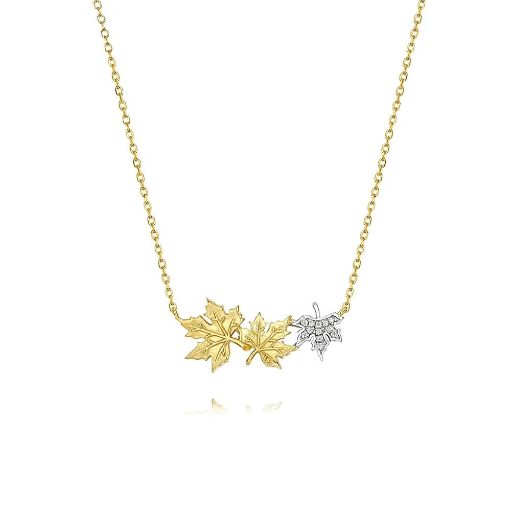 925 Silver Three Maple Leaf CZ Diamond Pendant Necklace