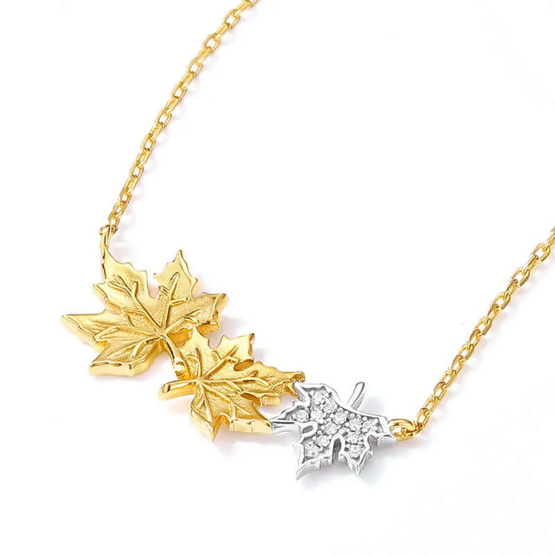 925 Silver Three Maple Leaf CZ Diamond Pendant Necklace