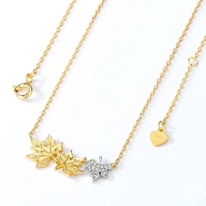925 Silver Three Maple Leaf CZ Diamond Pendant Necklace