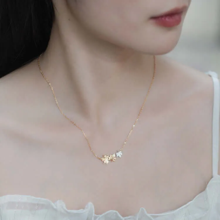 925 Silver Three Maple Leaf CZ Diamond Pendant Necklace