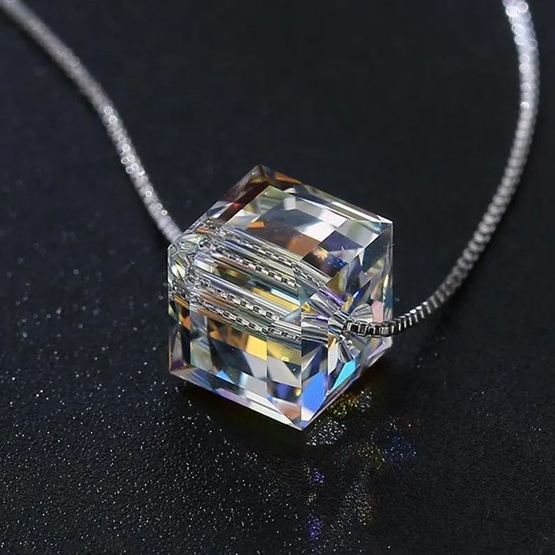Aurora Borealis Crystal Cube Necklace Made with Swarovski Crystal