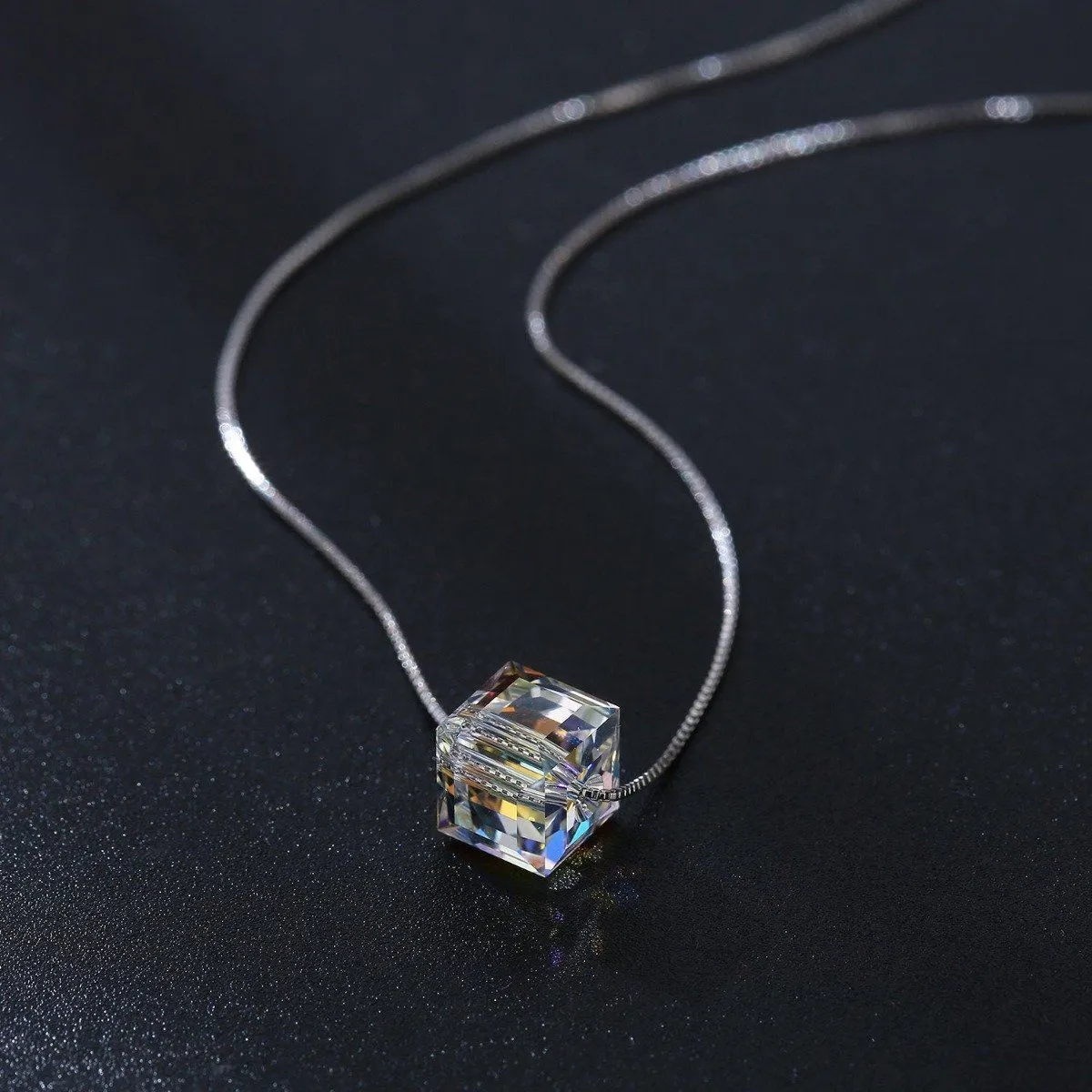 Aurora Borealis Crystal Cube Necklace Made with Swarovski Crystal