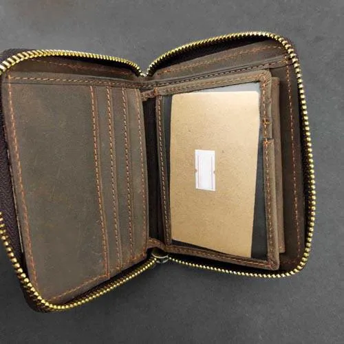 BADASS DARK BROWN LEATHER MENS TRIFOLD SMALL BIKER WALLET CHAIN WALLET Zipper WALLET WITH CHAIN FOR MEN