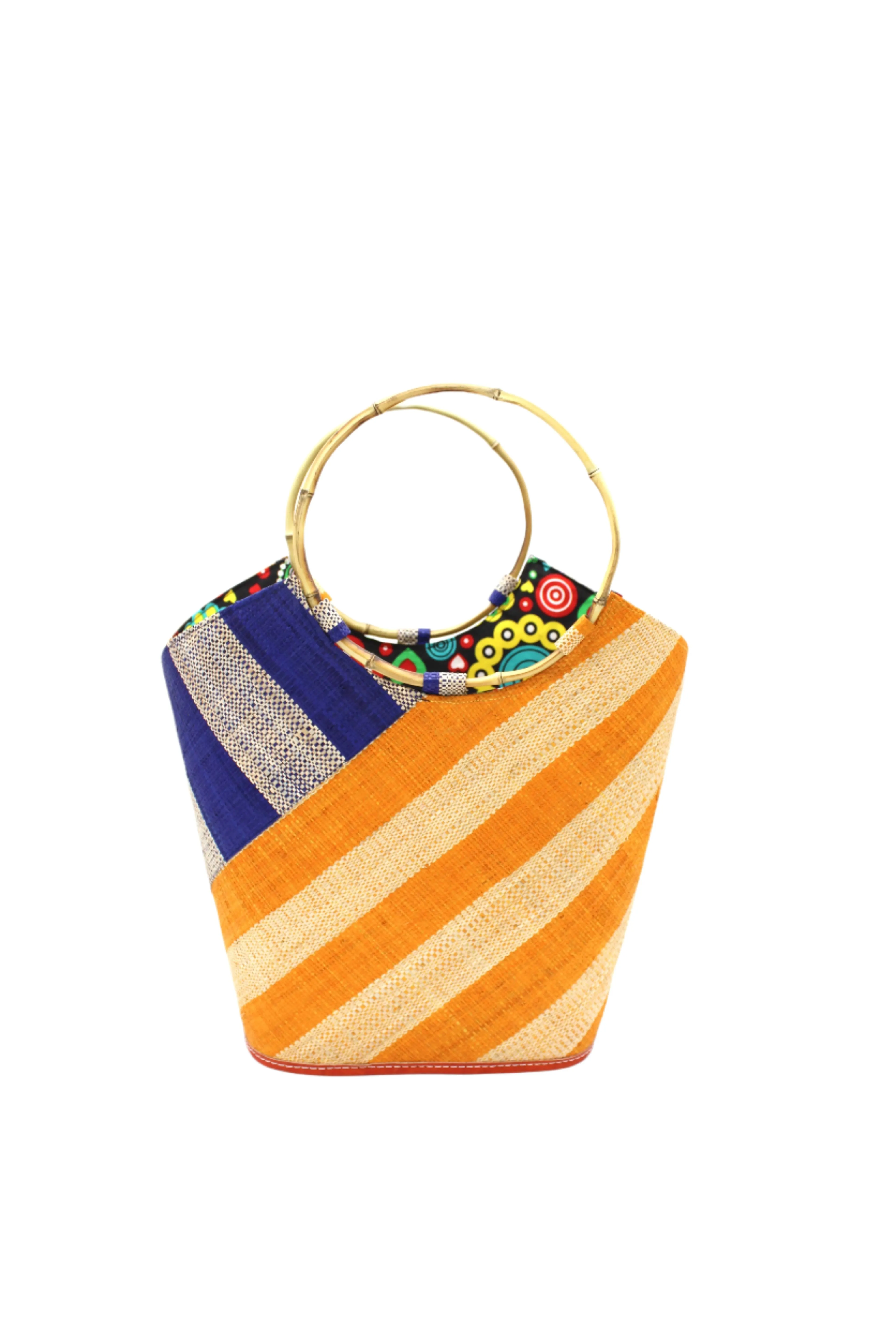 Carmen Double Wide Stripe Straw Bucket Bag with Bamboo Handle