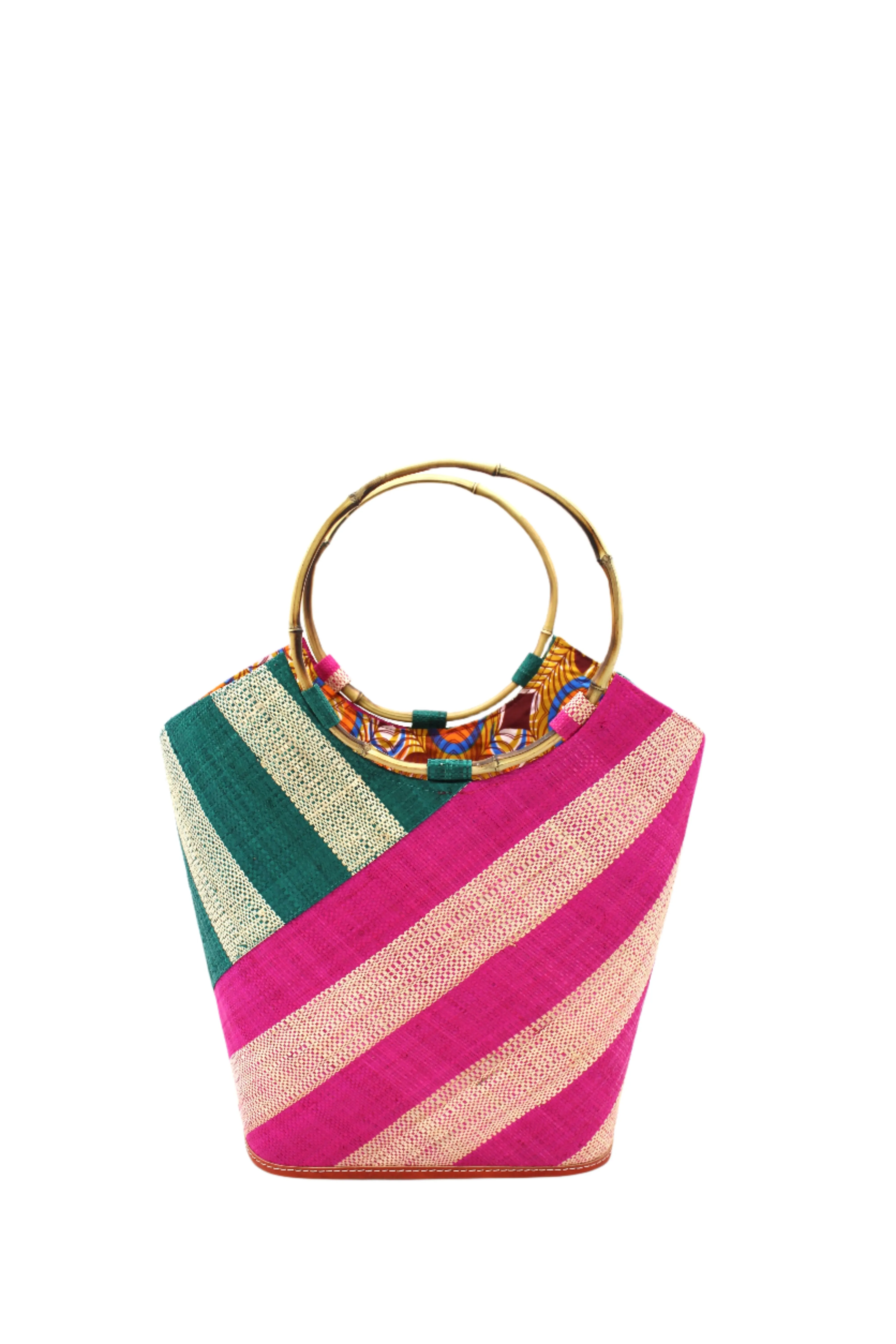 Carmen Double Wide Stripe Straw Bucket Bag with Bamboo Handle