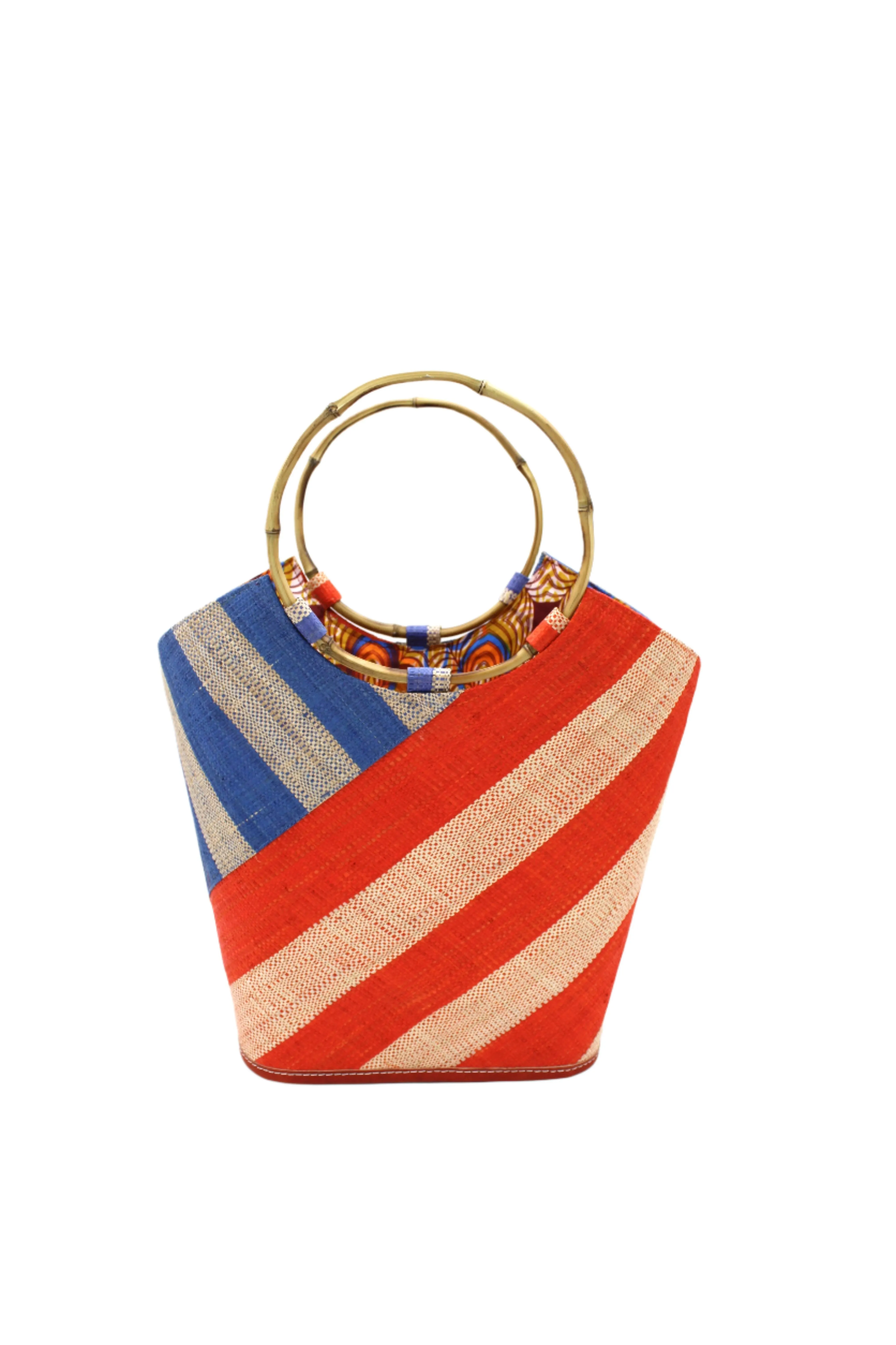 Carmen Double Wide Stripe Straw Bucket Bag with Bamboo Handle