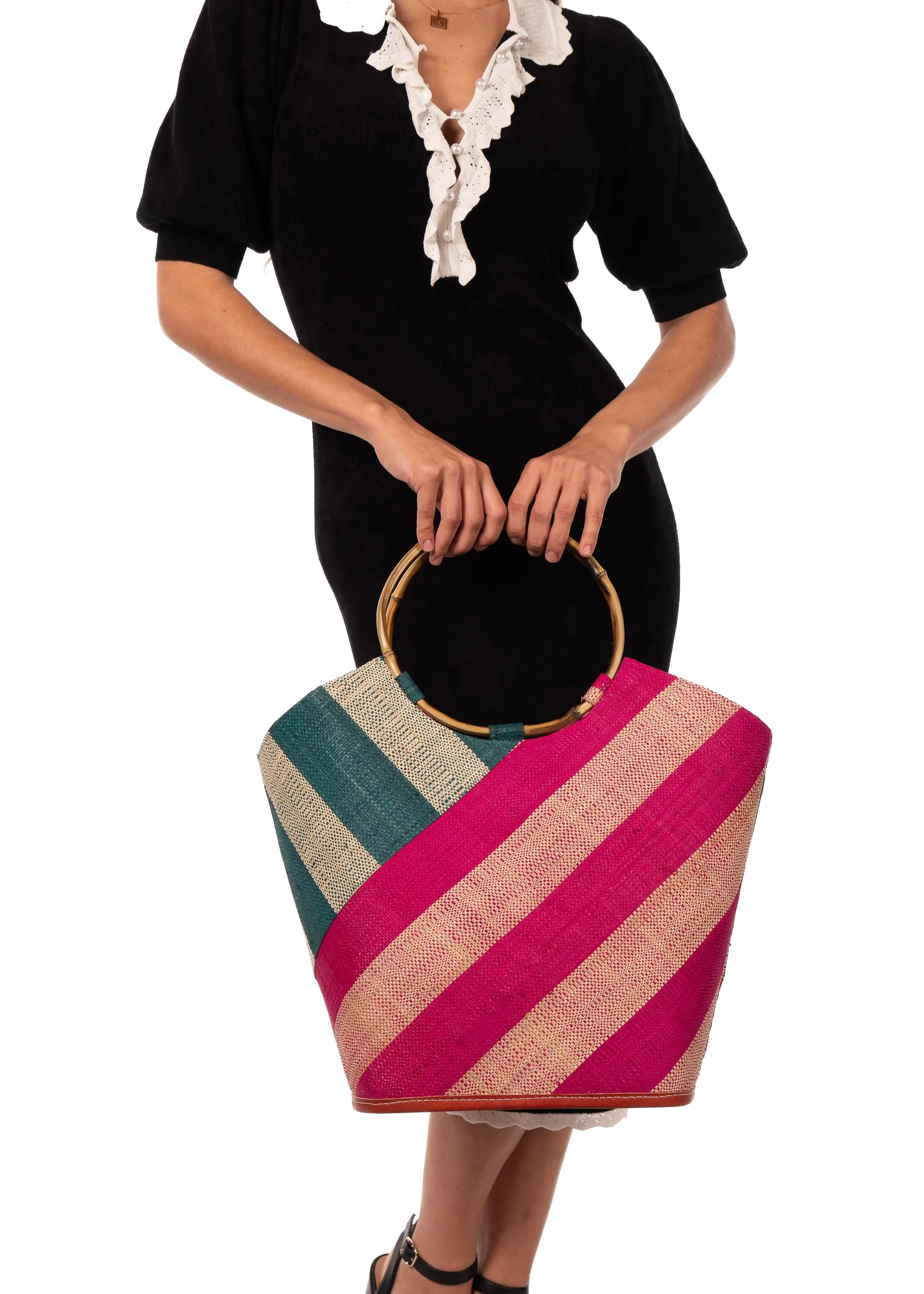 Carmen Double Wide Stripe Straw Bucket Bag with Bamboo Handle