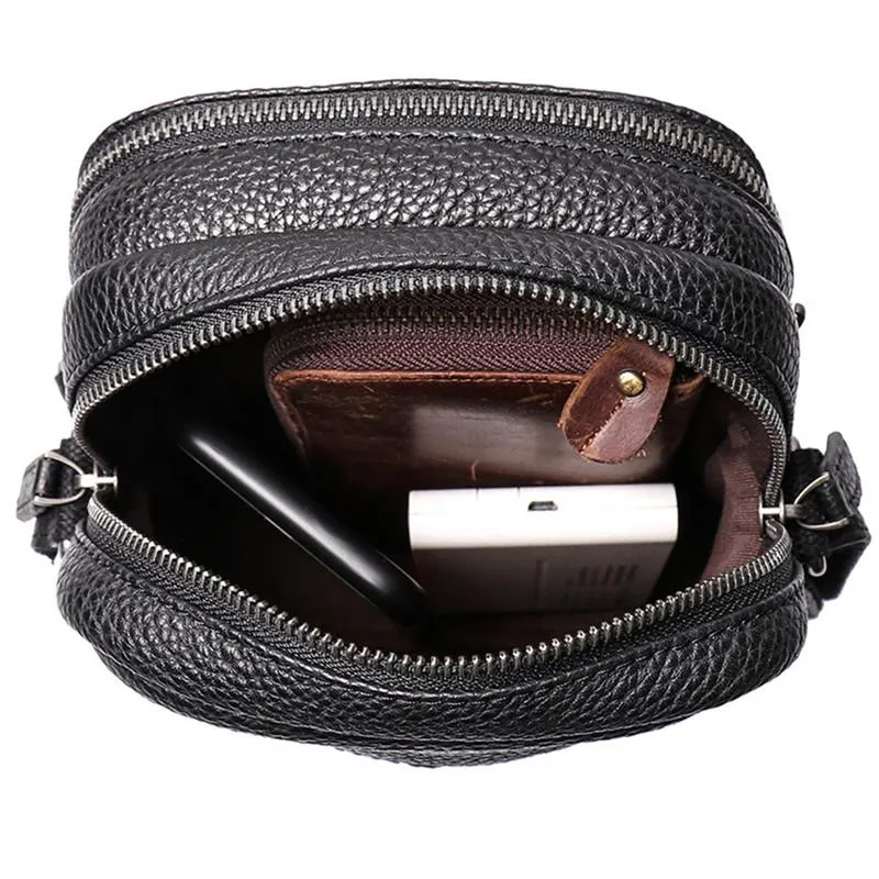 Casual Black Leather Mens Small Shoulder Bag Small Side Bag Messenger Bag For Men
