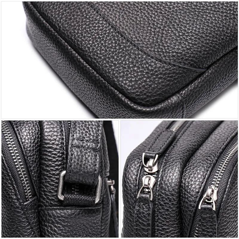Casual Black Leather Mens Small Shoulder Bag Small Side Bag Messenger Bag For Men