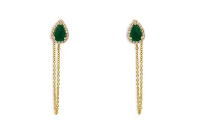 Earrings 14kt Gold Emerald Pears Studs Chain & Diamonds