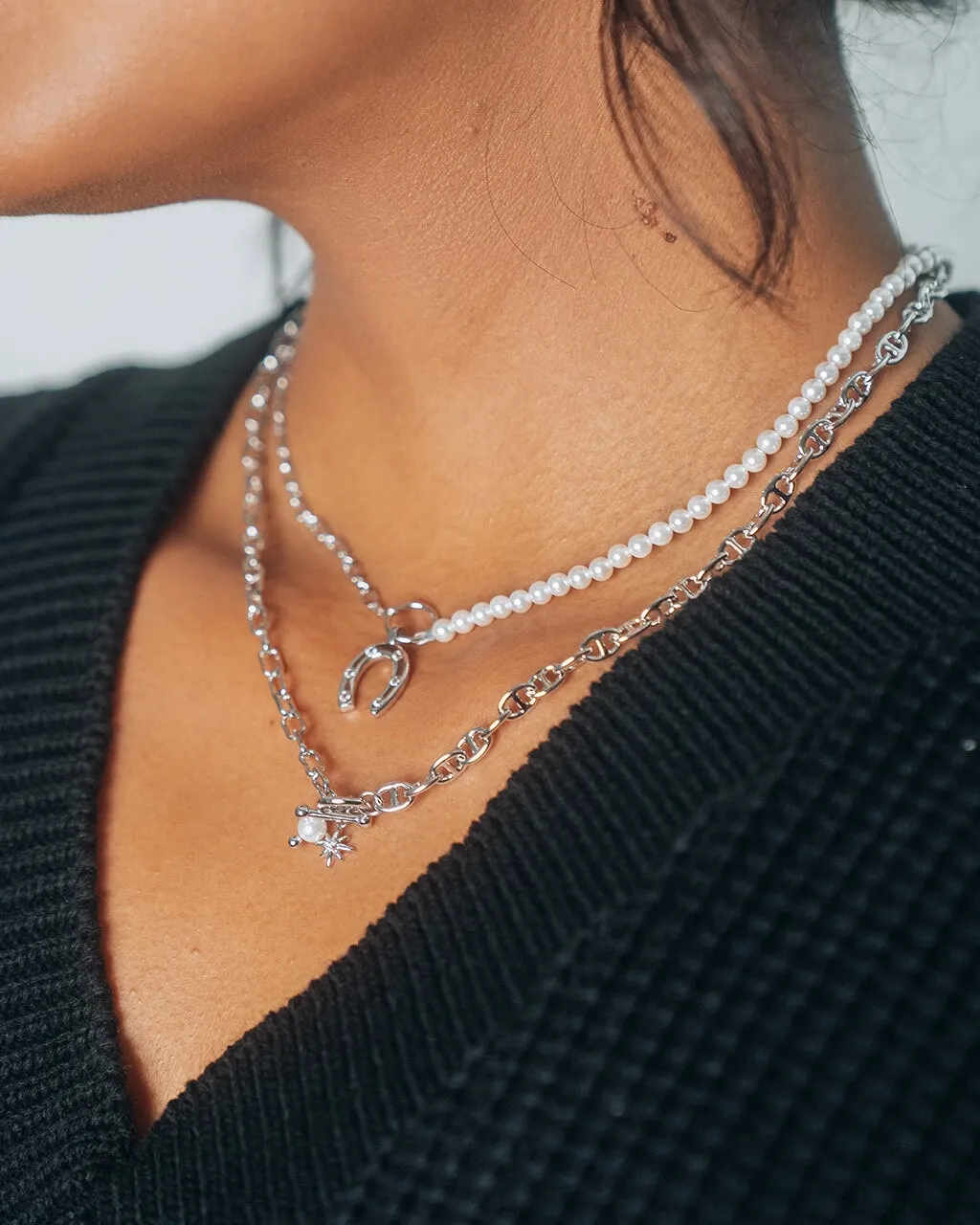Elva Pearl CZ Horsehoe Necklace