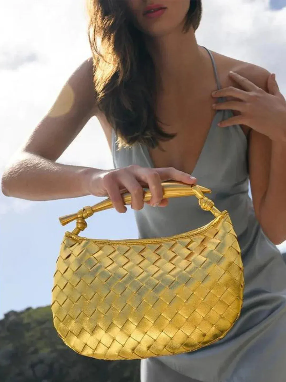 Gold-Handle Sardine Woven Bag
