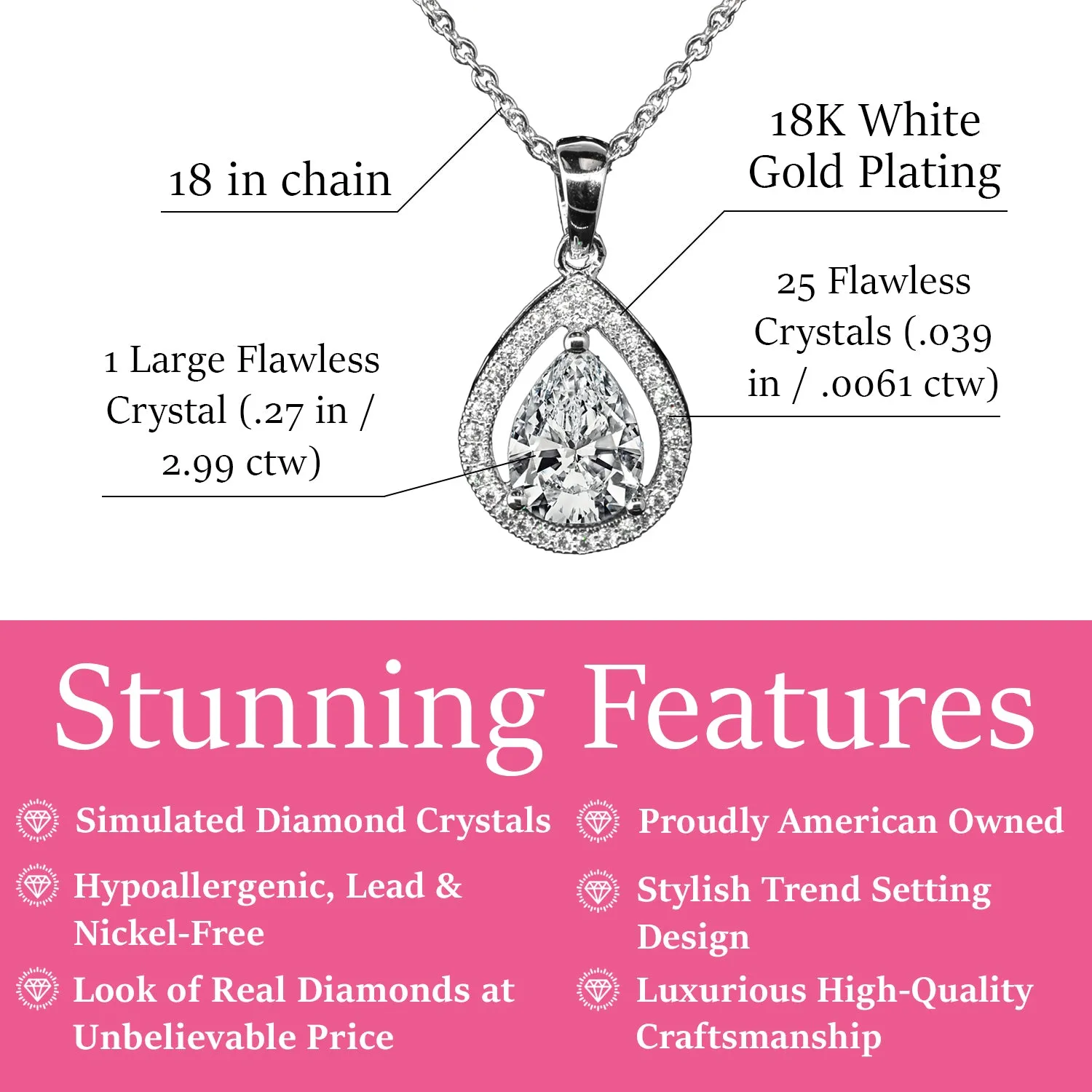 Isabel 18k White Gold Plated Halo Teardrop Necklace with CZ Crystals