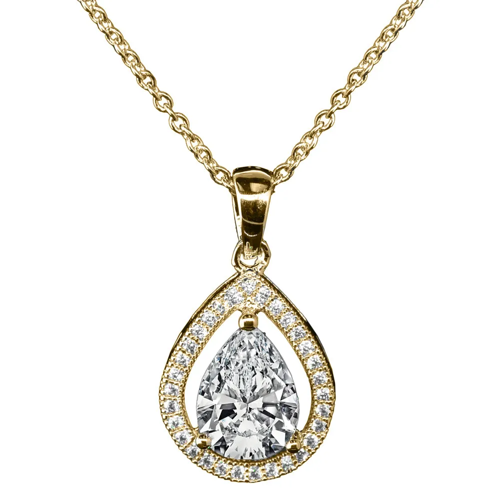 Isabel 18k White Gold Plated Halo Teardrop Necklace with CZ Crystals