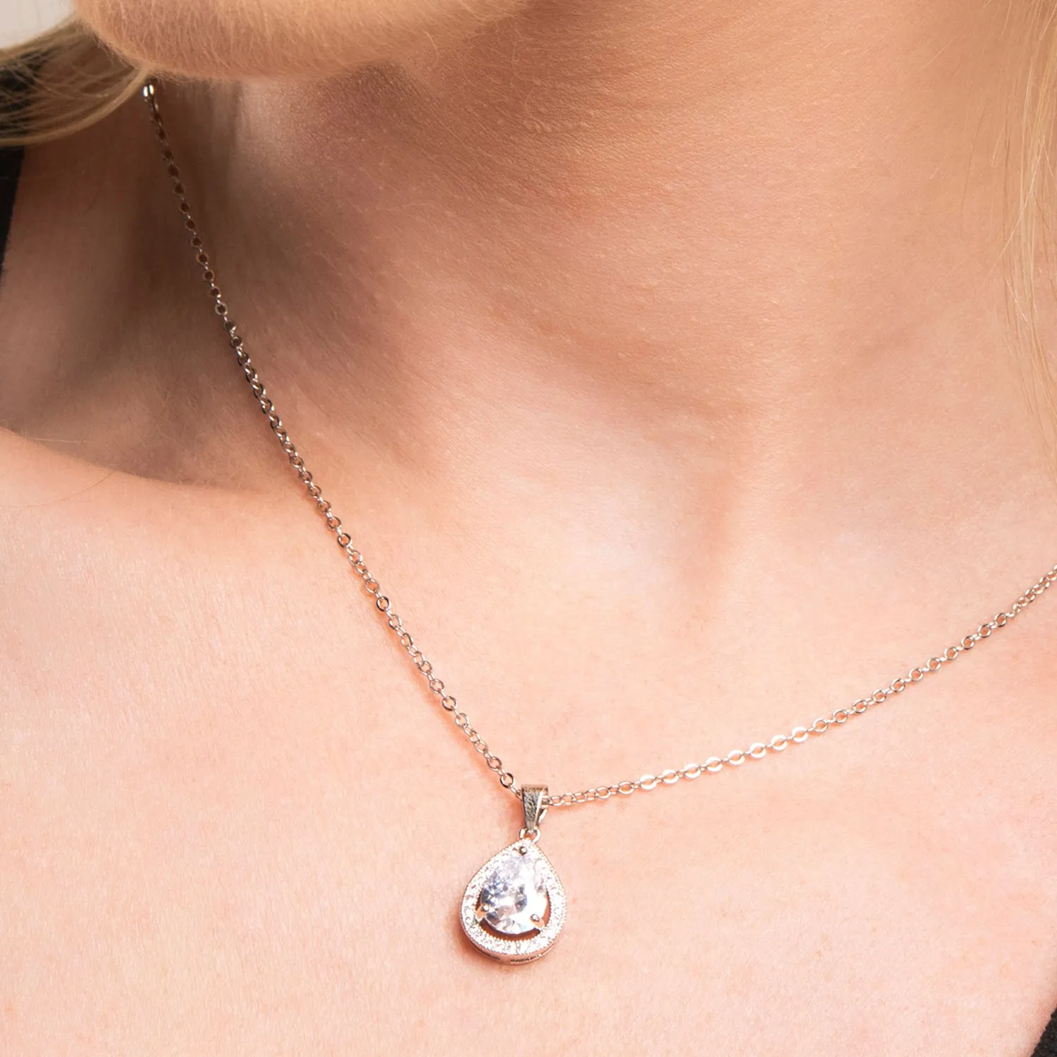 Isabel 18k White Gold Plated Halo Teardrop Necklace with CZ Crystals
