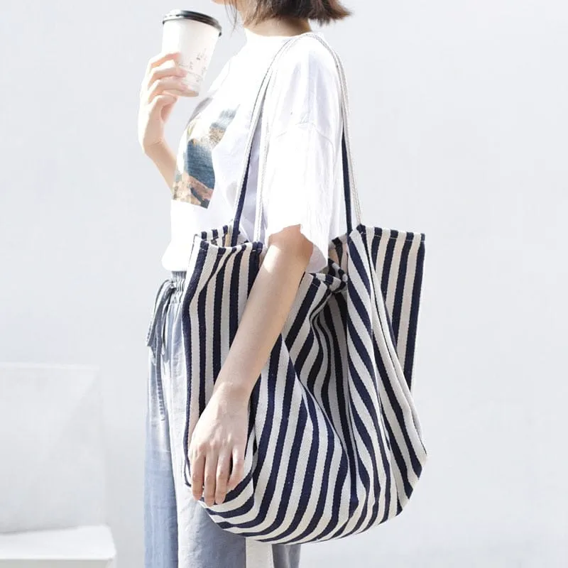 Large Capacity Striped Canvas Tote Bag