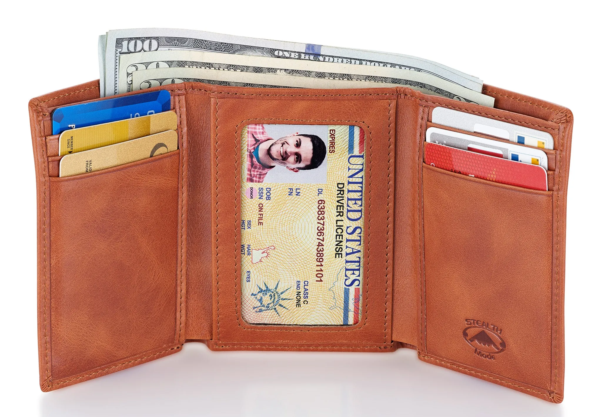 Light Brown Trifold Leather Wallet With RFID Blocking and ID Window