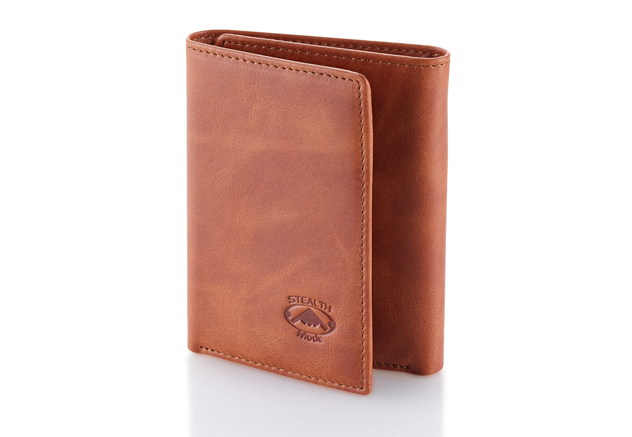 Light Brown Trifold Leather Wallet With RFID Blocking and ID Window