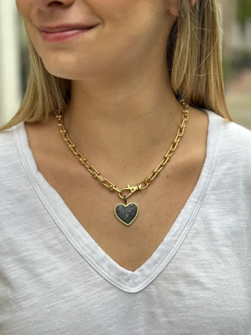 Mini Pave Heart Chain Necklace - Black