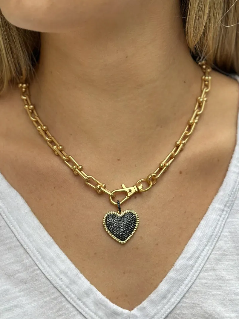Mini Pave Heart Chain Necklace - Black