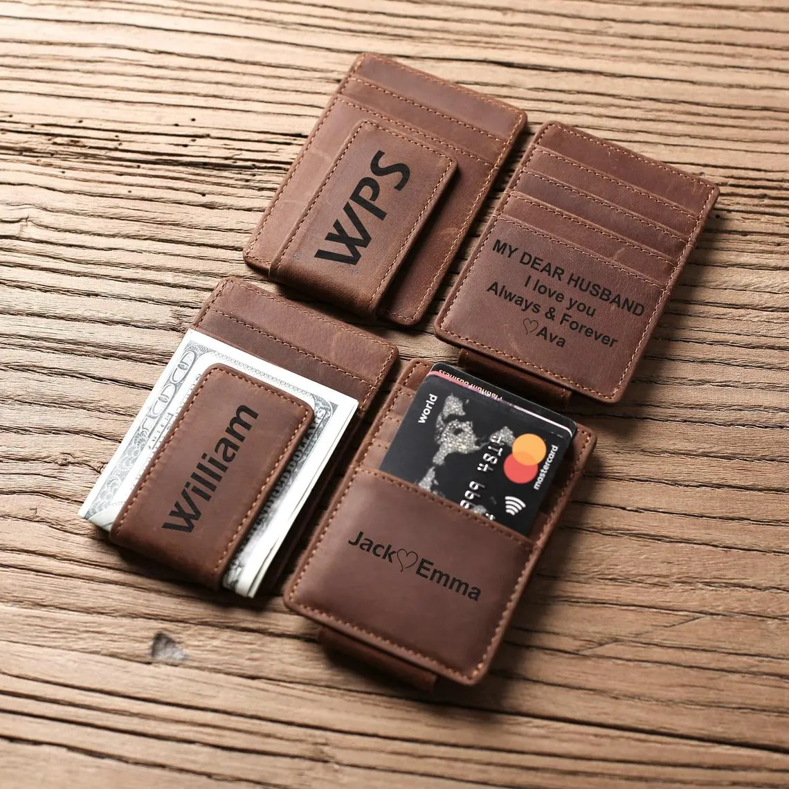 Money Clip Wallet, Personalized Leather Money Clip, Mens Money Clip Engraved MC01
