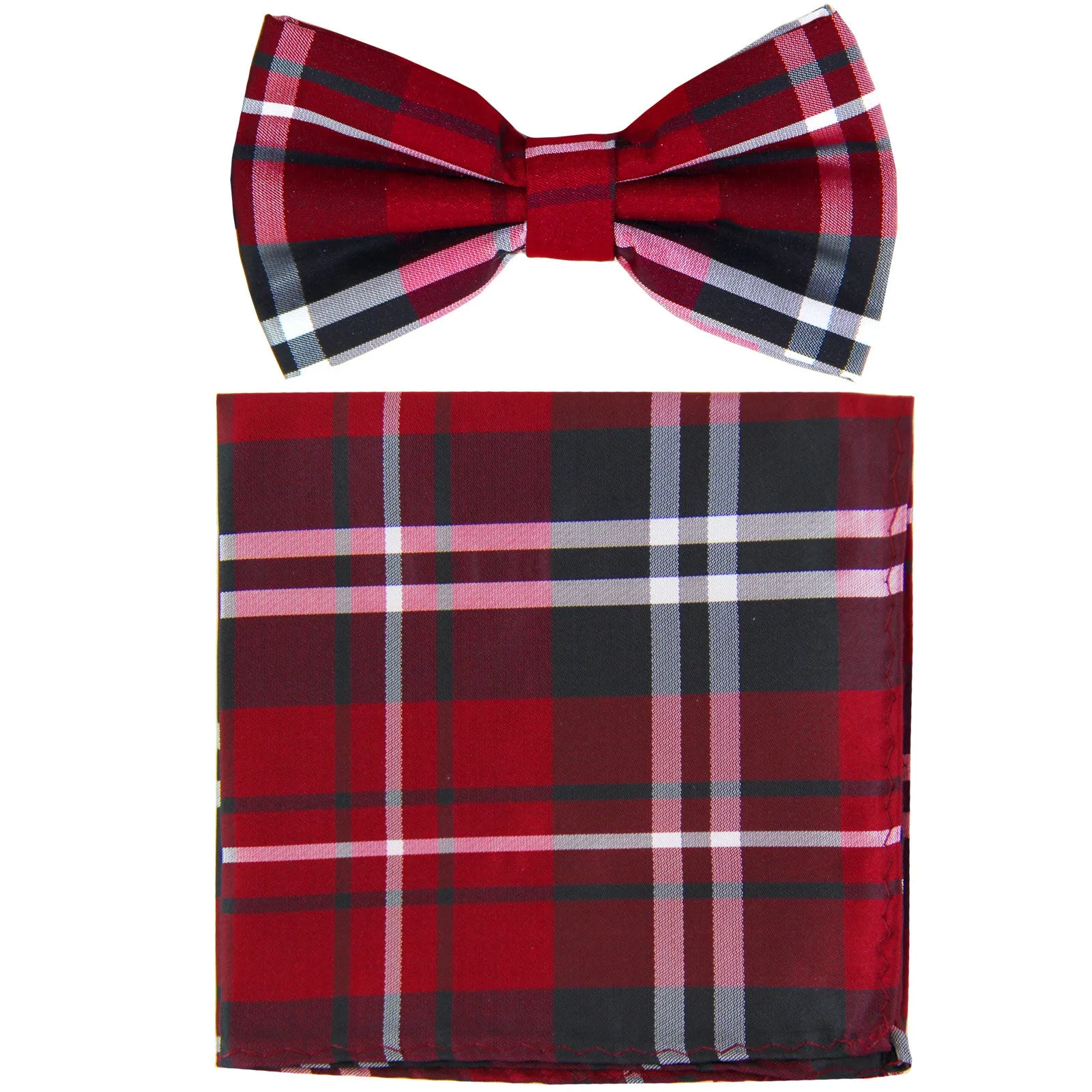 New formal men's pre tied Bow tie & Pocket Square Hankie plaid checkered