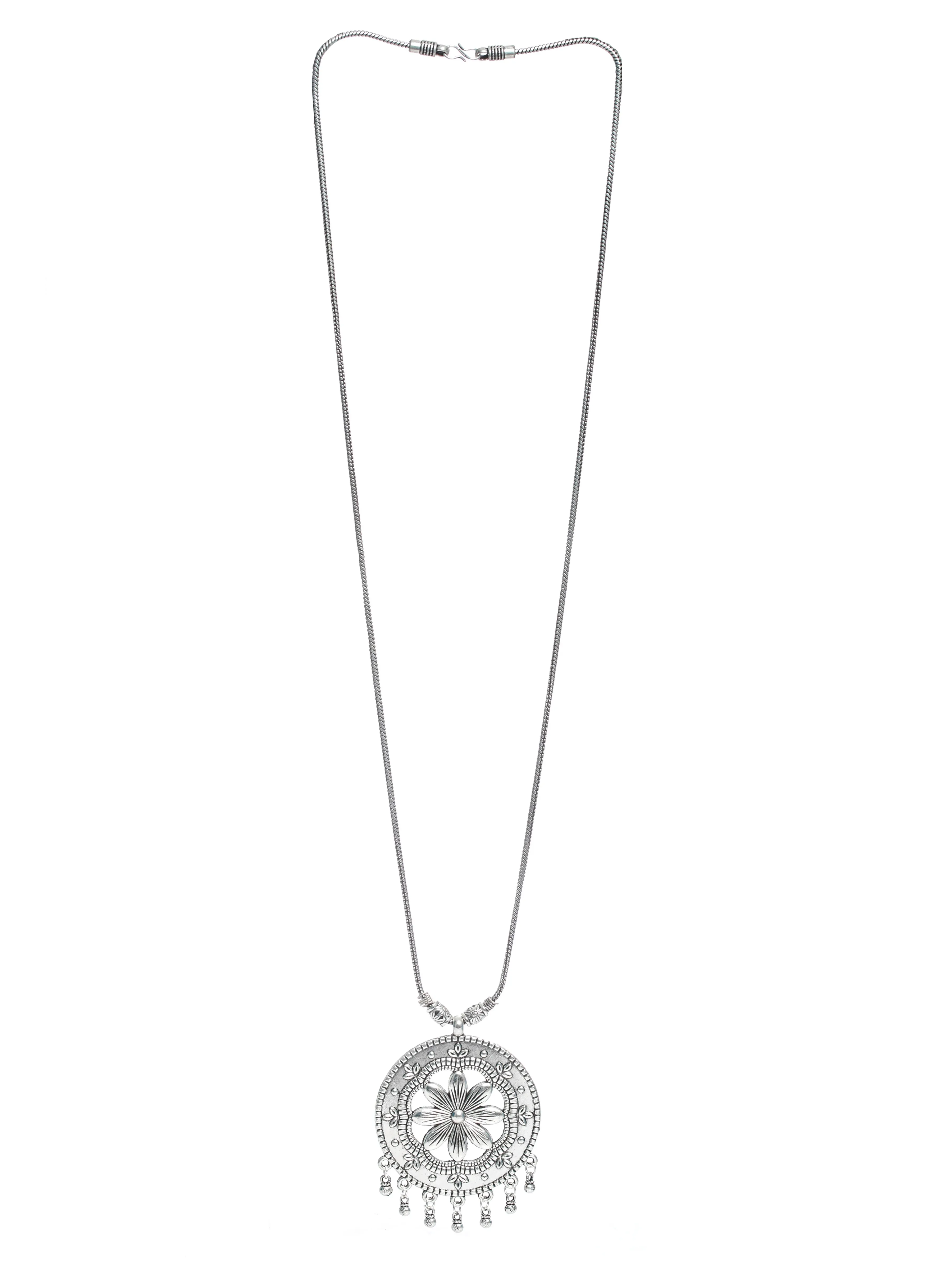 Oxidised Silver-Plated Floral Motif,Circular Shaped Pendant With Chain