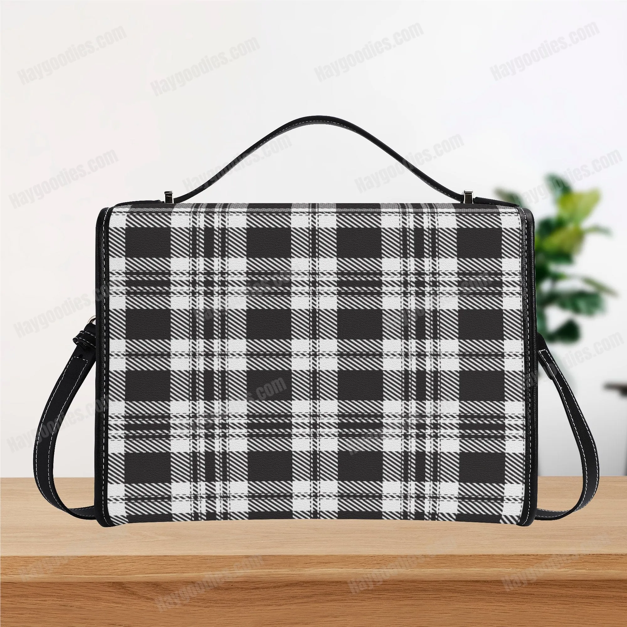 Personalize Your Own Black Plaid Pattern PU Leather Satchel Bag