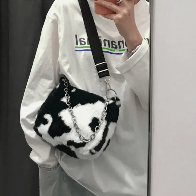 Plush Cow Pattern Shoulder Bag With Chain