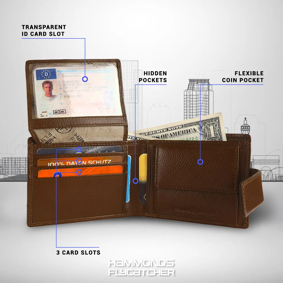 RFID Protected Bi-Fold Leather Wallet for Men - 6 Card Slots - Snap Button Closure - Gift for Men