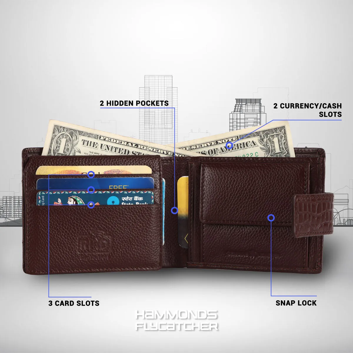RFID Protected Bi-Fold Leather Wallet for Men - 6 Card Slots - Snap Button Closure - Gift for Men