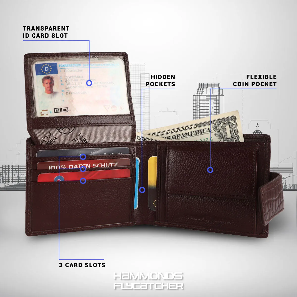 RFID Protected Bi-Fold Leather Wallet for Men - 6 Card Slots - Snap Button Closure - Gift for Men