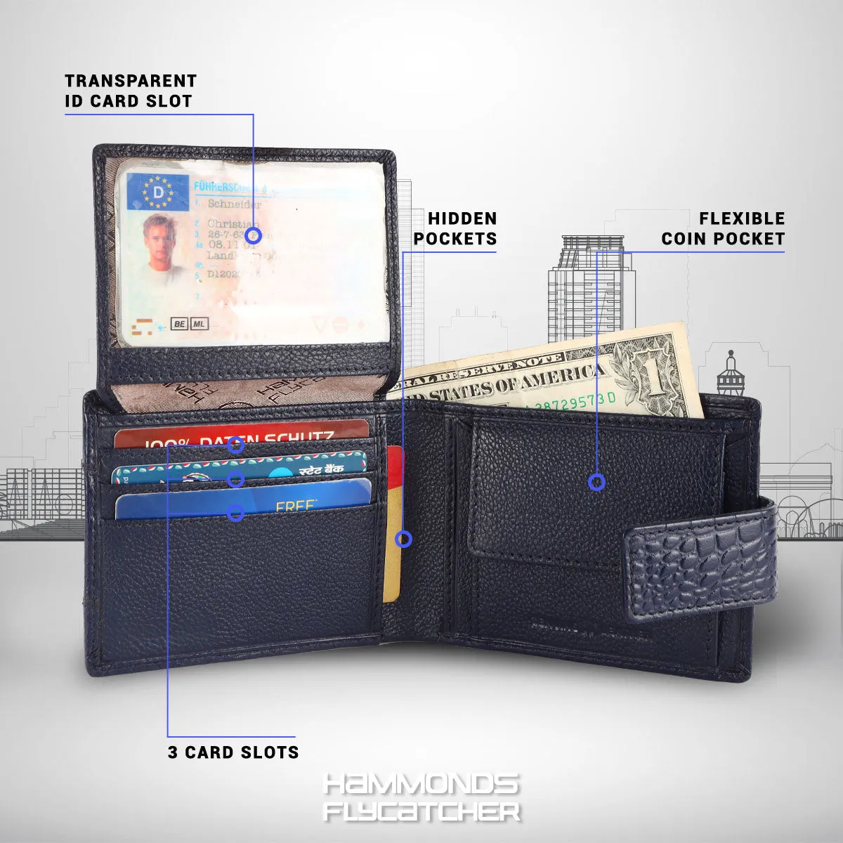 RFID Protected Bi-Fold Leather Wallet for Men - 6 Card Slots - Snap Button Closure - Gift for Men