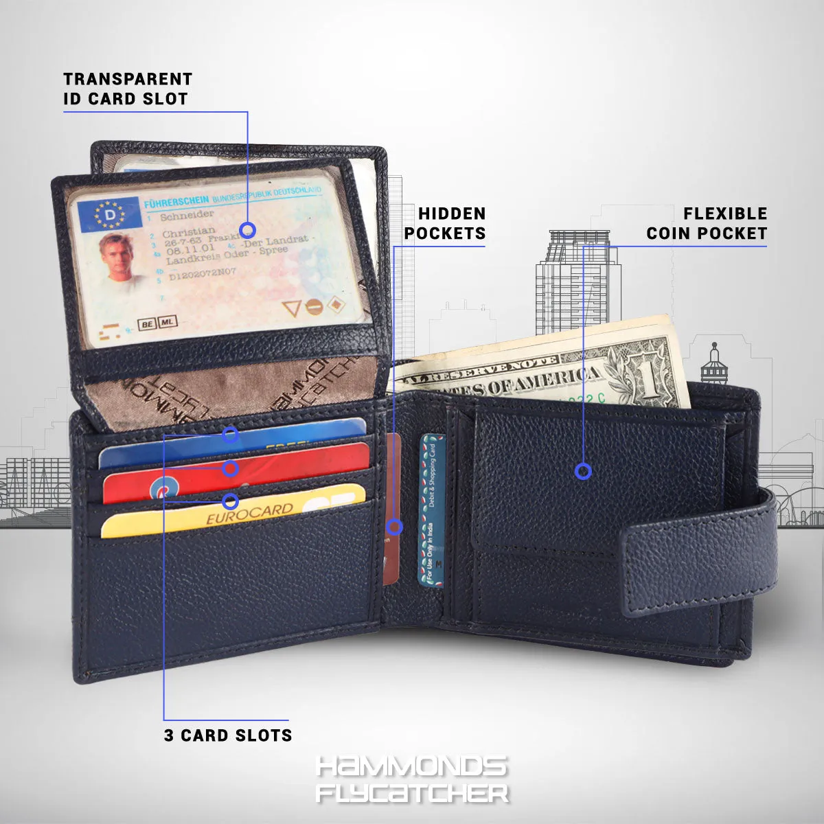 RFID Protected Bi-Fold Leather Wallet for Men - 6 Card Slots - Snap Button Closure - Gift for Men